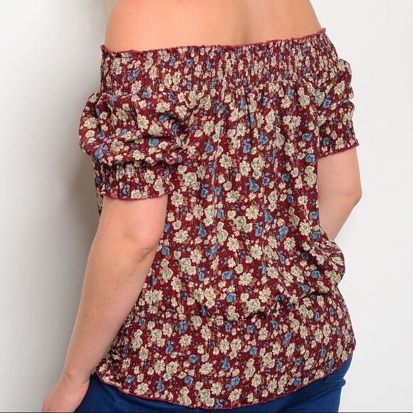 Off Shoulder Floral Short Sleeve Lace Up  Waist Colorful Summer Top NEW - Picture 2 of 4